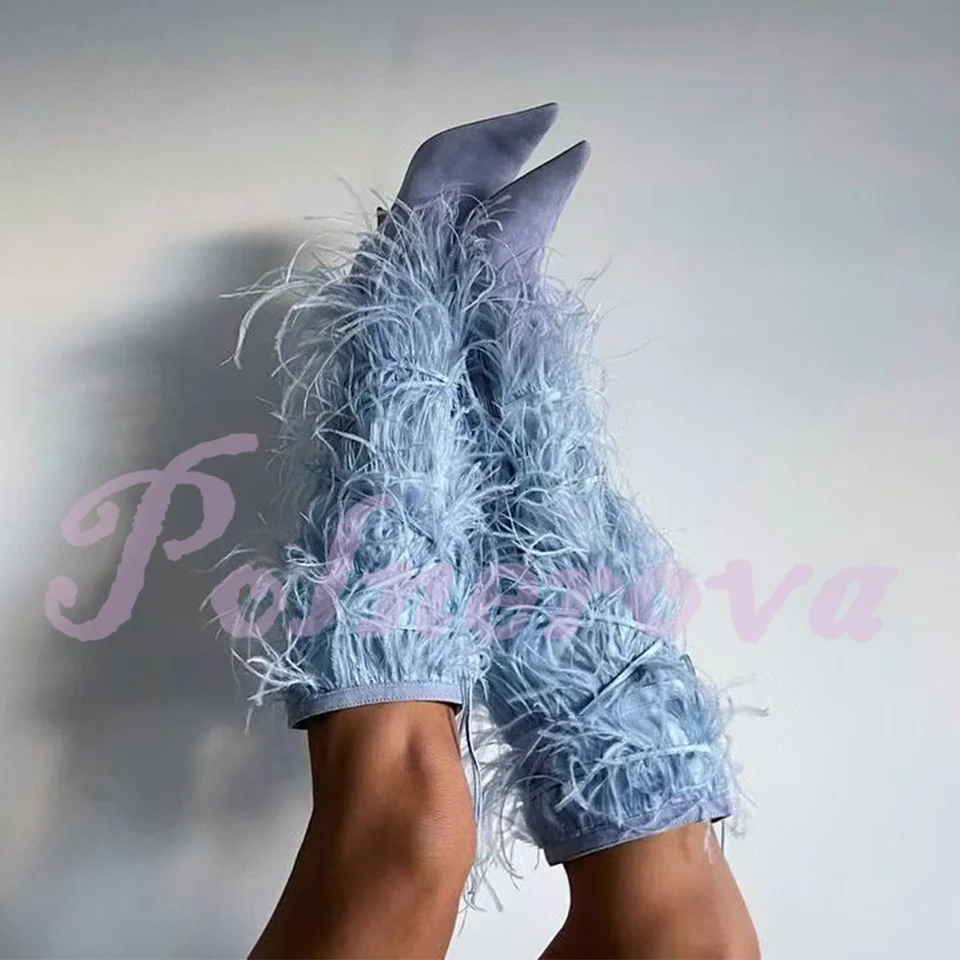 Blue perie špicaté koleno vysoké topánky Ženy Novinky dizajnér bočné z-zipsové vysoké podpätky biele/ružové topánky Zapatos para muchyre