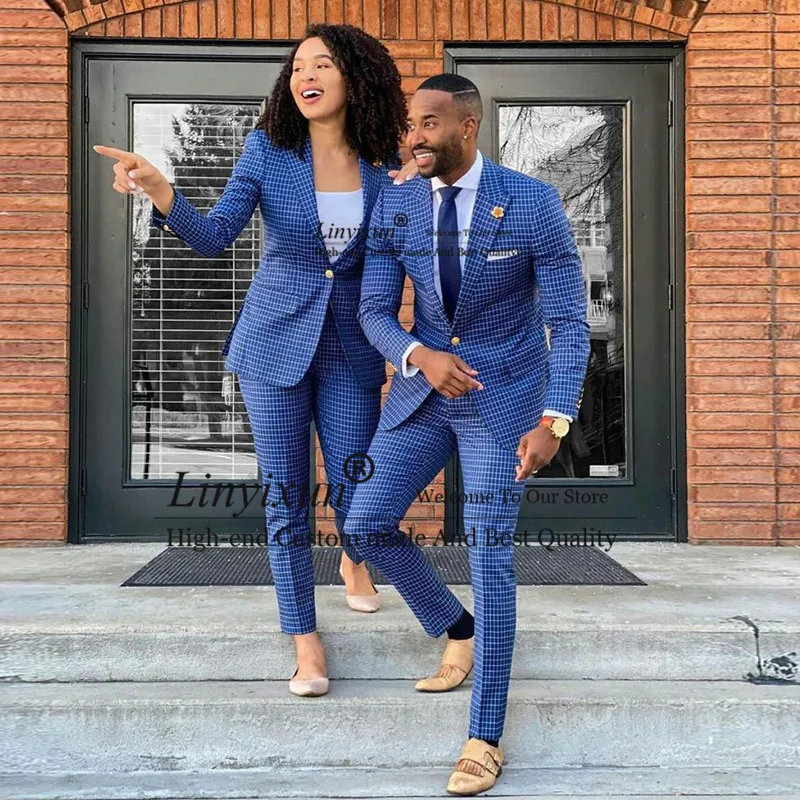 Blue Plaid Slim Fit Pánske obleky a obleky Ženy Šál klopný ženích Weddin Tuxedos 2 kusové bunda Panty Sety Prispôsobené tailleur femme