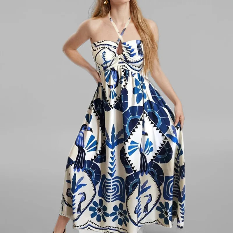 Blue Print Dámske elegantné elegantné šaty bez rukávov 2025 letné sexy visiace krk duté šnurovanie módne šaty maxi Vestidos S-3xl