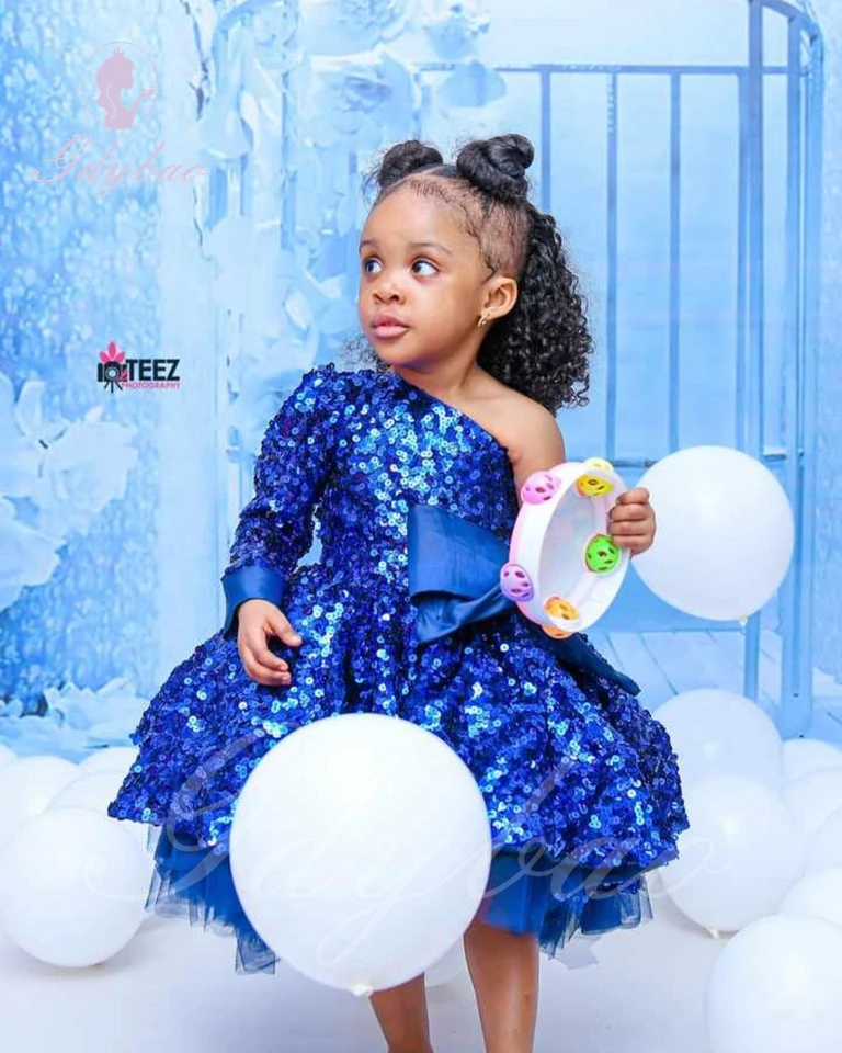 Blue Puffy Flower Girl Šaty na svadbu žiarivé flitre s luk narodeniny narodeniny prvé spoločenstvo princezná babičky