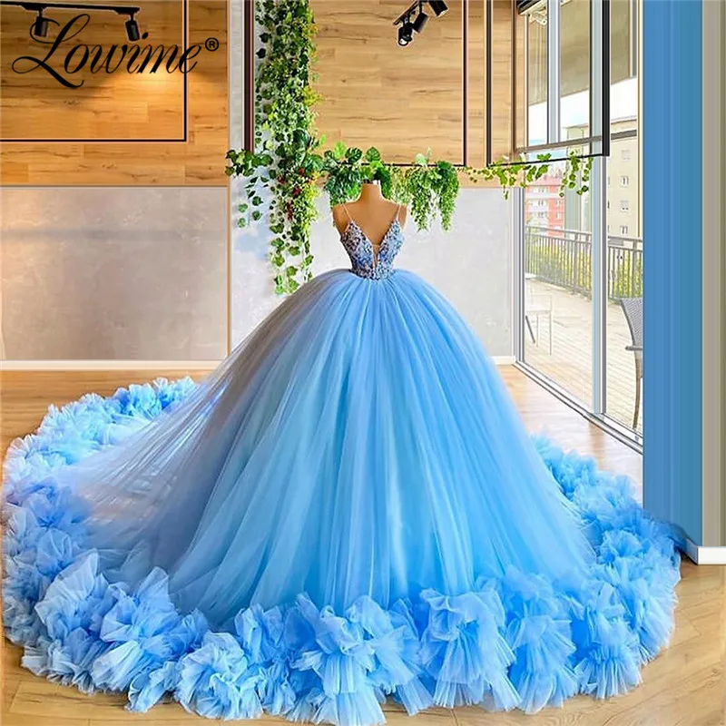 Blue Puffy Prom šaty s dlhými plesovými šatami pre svadby 2020 Abendkleider Tulle Dresses Žen