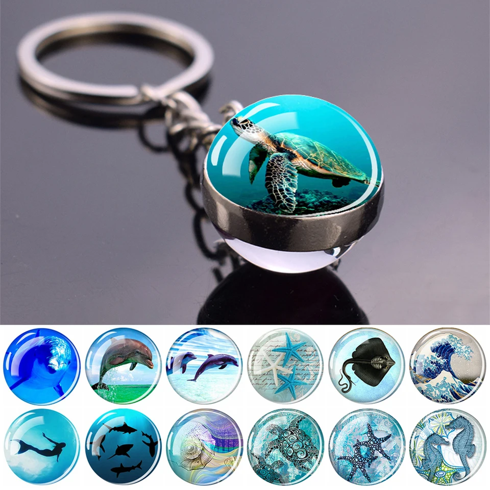 Blue Sea Keychain Morské organizmy Roztomilé kľúče reťaz obojstranný sklenený guľôčkový prívesok Dolfíny Dolfíny Korytnačky Hviezdne kľúče šperky darček