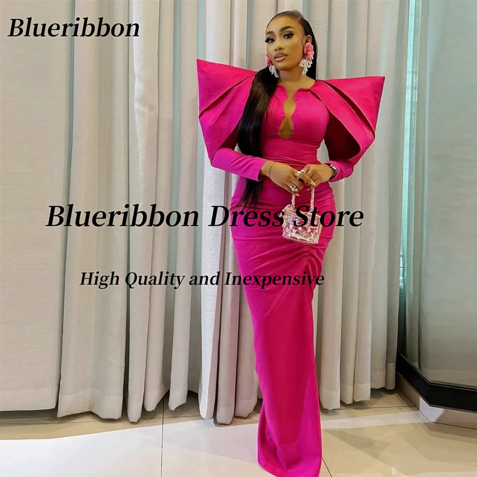 Blueribbon Dubaj Saudské ženy nosia dlhé rukávy večerné šaty sexy výstrih Prom Prom Days Ruched Trubet Formálne šaty