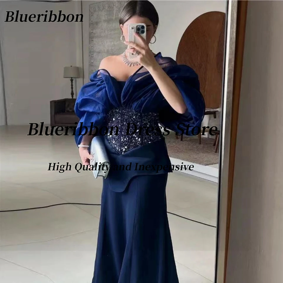 Blueribbon Prispôsobené Navy modré večerné šaty z ruka z ramena Saudská párty Ženy Noste zips chrbte korálkové plesové šaty
