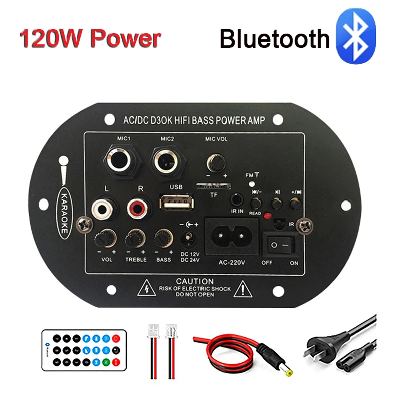 Bluetooth Audio zosilňovacia doska 120 W subwoofer Duálny mikrofónový AMP modul pre 4 ohmy 8-12 palcový reproduktor 12/24V 110/220V