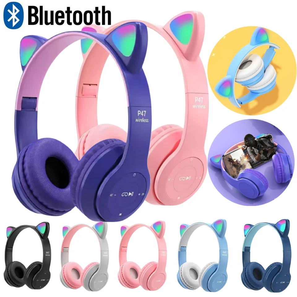 Bluetooth bezdrôtové slúchadlá Flash Light Bluetooth Headset Kid Girl Hlasový ovládanie bezdrôtových slúchadiel mikroféry uší na uši