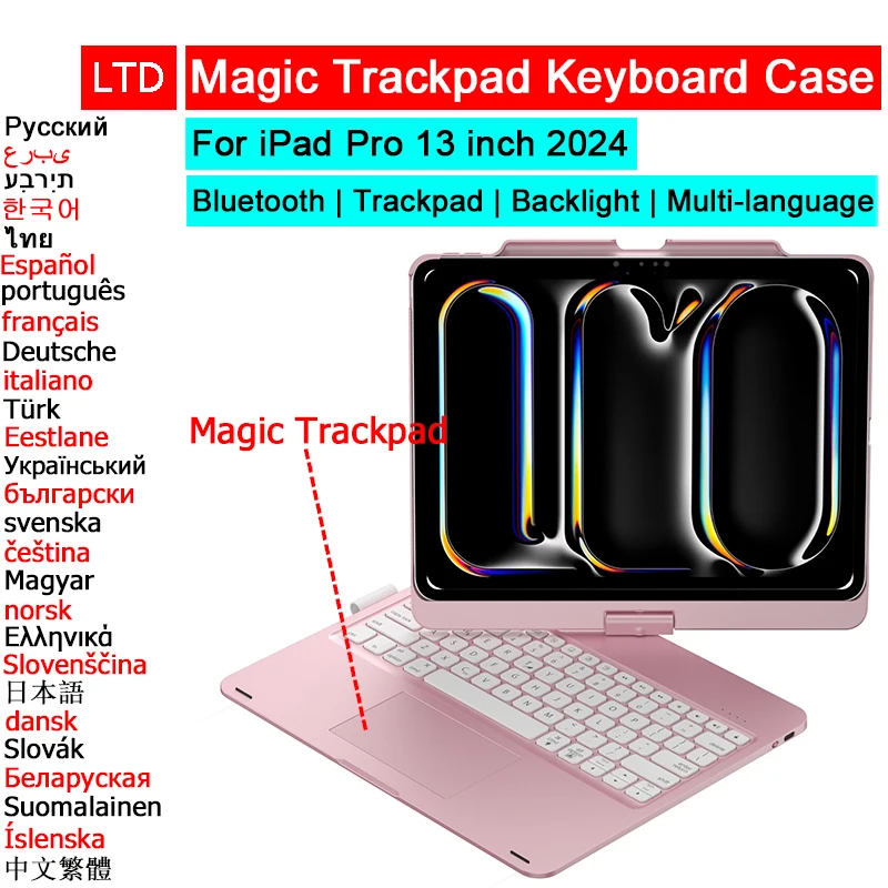 Bluetooth Magic Keyboard puzdro pre iPad Pro 13 palca 2024 M4 Tablet Puzdro Arabská španielska hebrejská francúzska portugalská talianska klávesnica