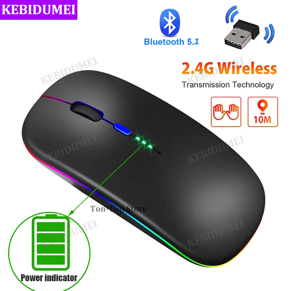 Bluetooth Mouse 2.4g Wireless Wireless Mouse s indikátorom výkonu LED podsvietiteľné nabíjateľné USB Gaming Mouse Myši 1600dpi myší pre PC laptop