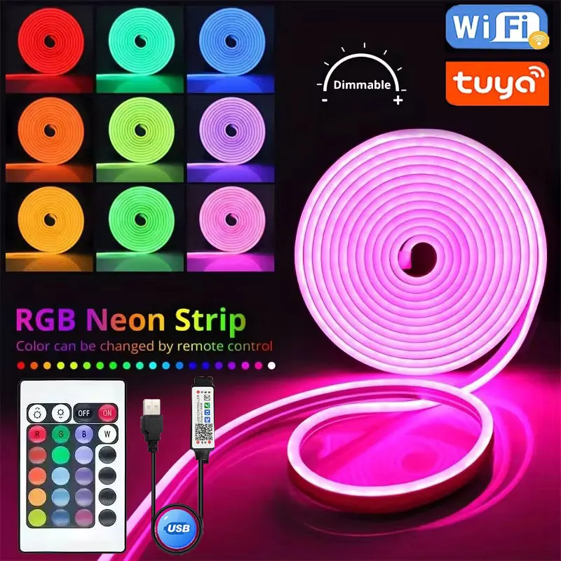 Bluetooth tuya wifi USB RGB LED Neon Strip Light 5V Nepremokavé neónové lanové svetlá fungujú s Alexa 1m 2m 3m 5m 5m DIY Flexibilná stuha
