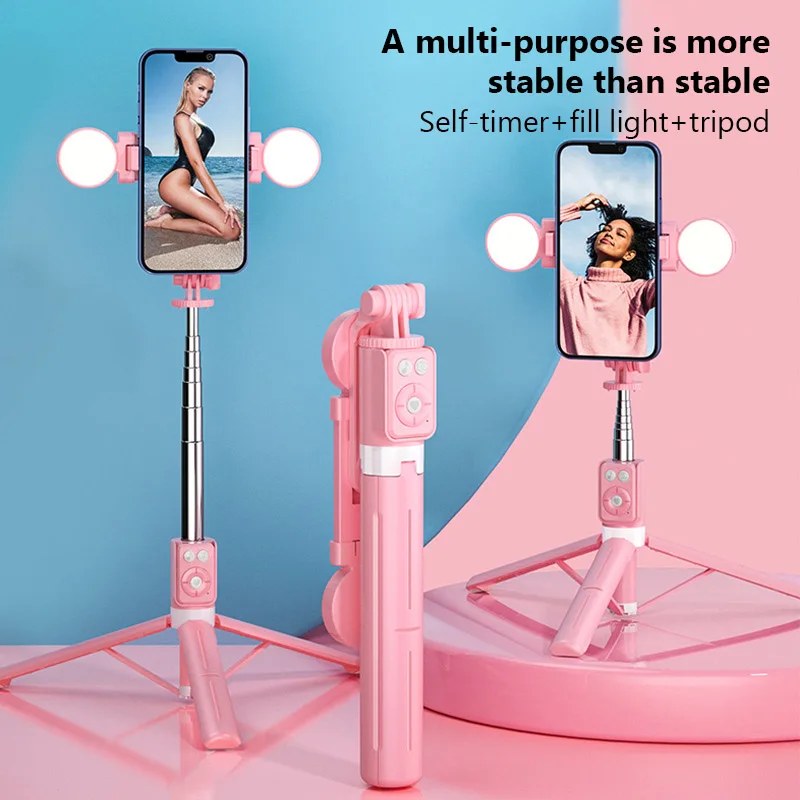 Bluetooth Wireless Selfie Stick Prenosné Duálne výplňové svetlo s držiakom Telescoping Tripod pre iPhone Xiaomi Live Streaming