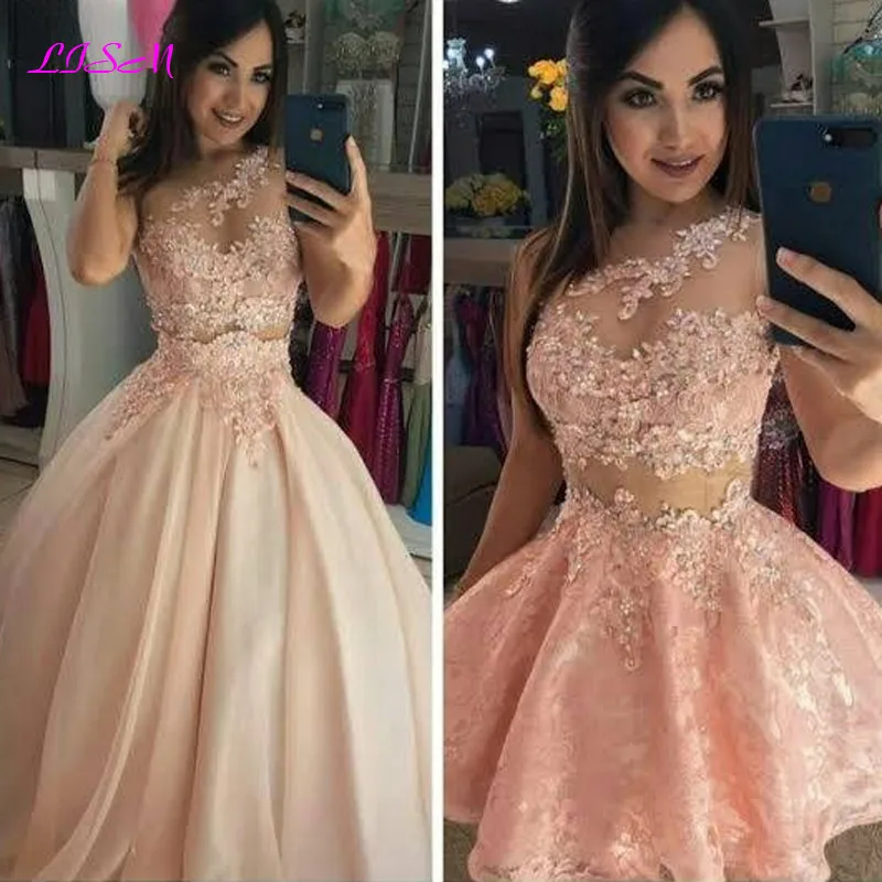 Blush Pink -Lace Aplikácia Dva kúsky Prom šaty 2 v 1 jednom ramene Pealrs Beads Krátke párty šaty Quinceanera Šaty