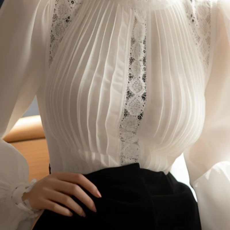 Blúzka s vysokým golierom Ženy Blusas Femininas Elegantes stojan Tops Kórejská biela košeľa 2025 Spring Slim Lady oblečenie