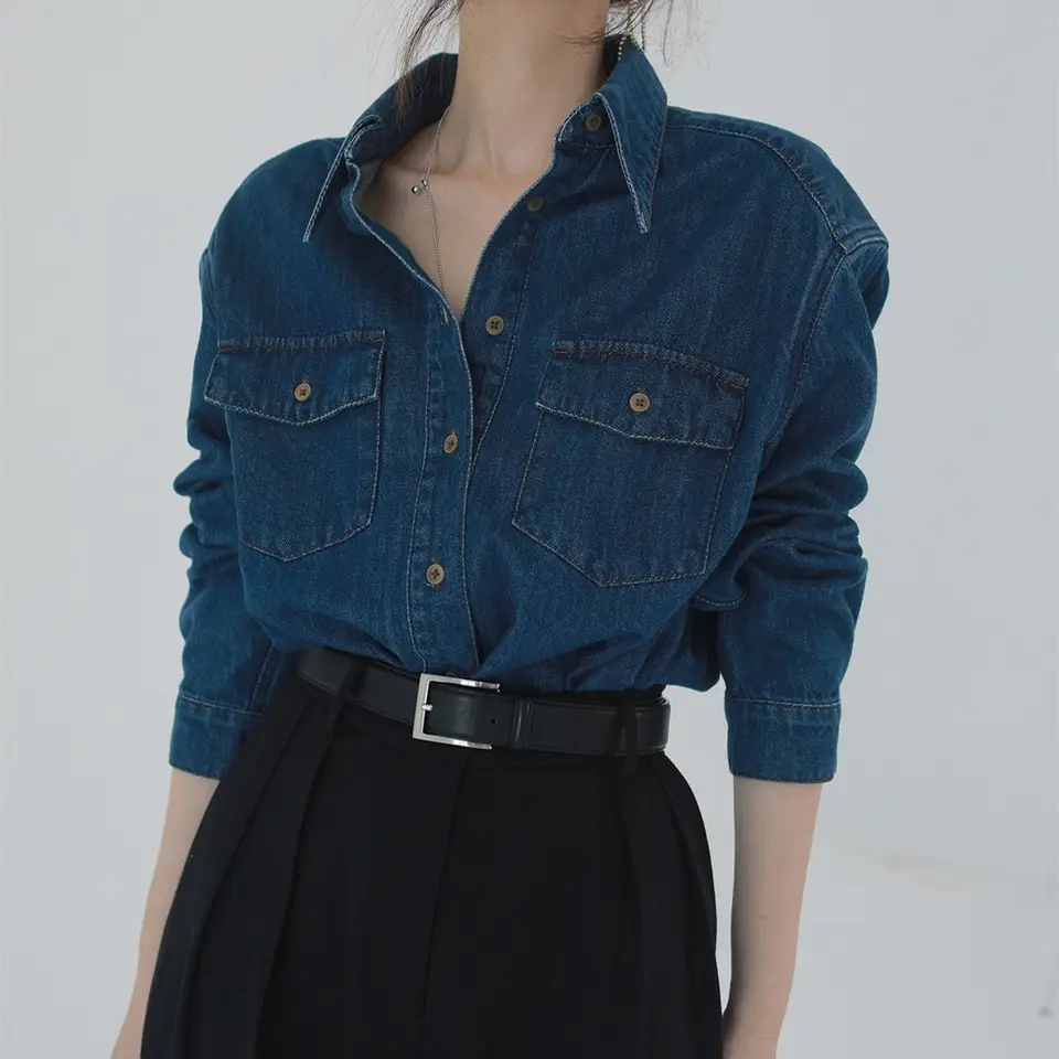 Blúzka Ženy denim košele Ženy tmavomodré voľné džínsové bunda Ženy Blusas mujer de Moda