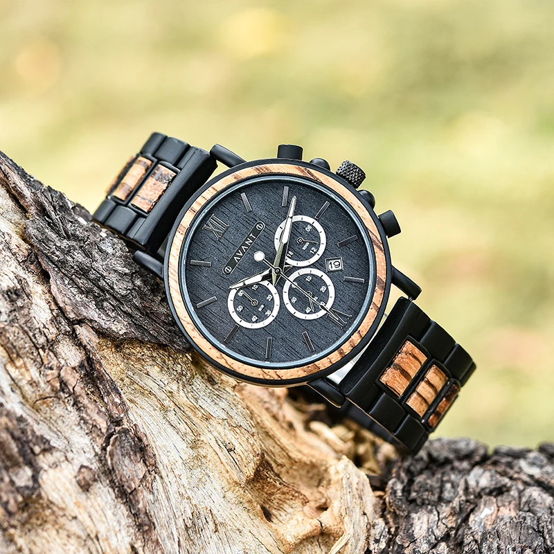 Bobo Bird Classic Men sledujte viacfunkčné hodinky chronograf drevené kremenné hodinky