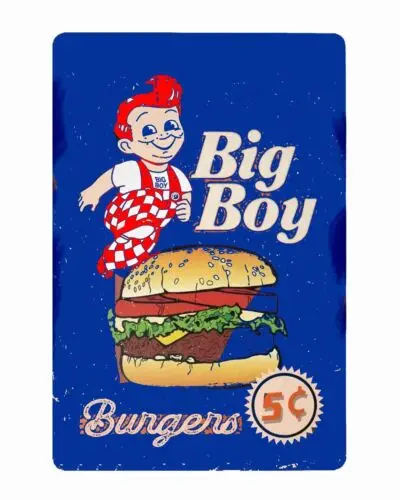 Bobs Big Boy Burgers 5 centov Veľký plechový znak 8 x 12