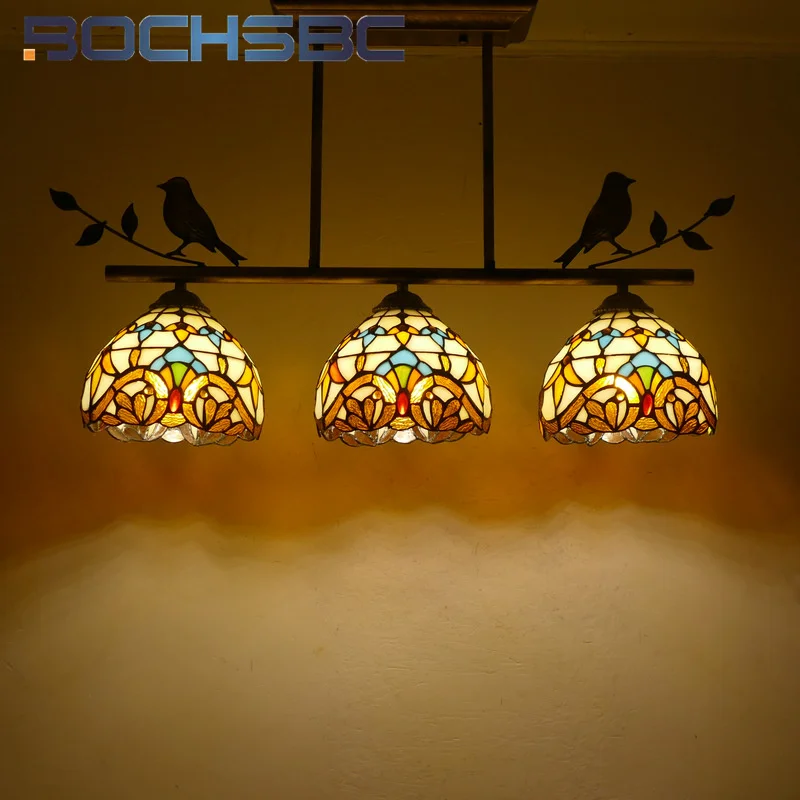 Bochsbc Tiffany štýl farebný sklenený retro luster pre obývaciu izbu záves LED lampa Spálňa jedáleň