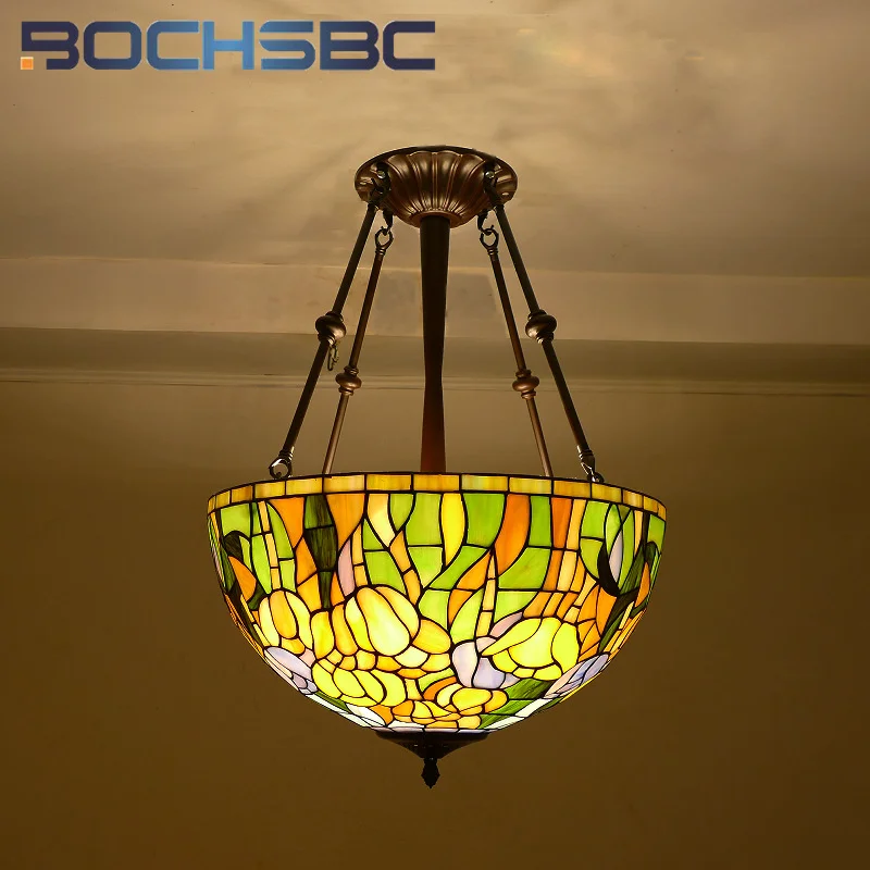 Bochsbc tiffany štýl vitráže európsky vintage lista tulip luster pre obývaciu izbu kaviareň s kaviarňou