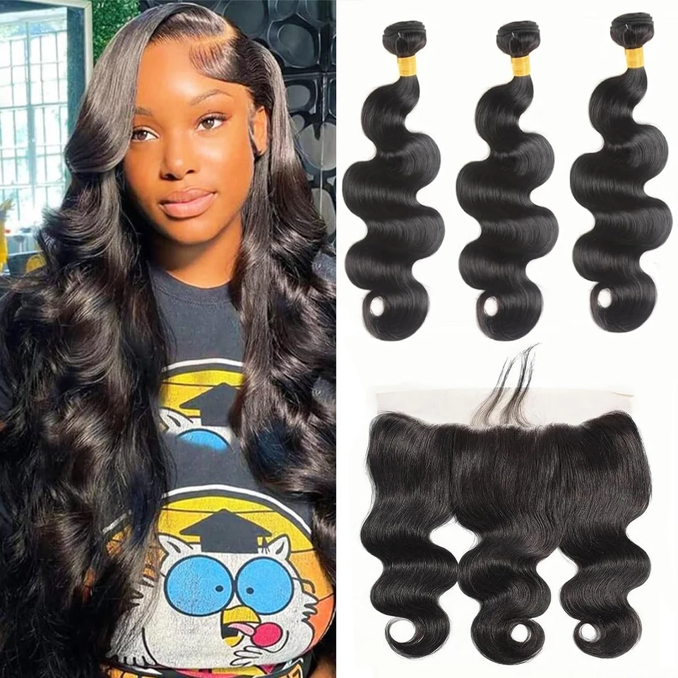 Body Wave Human Hair zväzky s čipkami 13x4 HD Čierne 3 zväzky s prednými slzami s predlžovacími väzbami pre ženy brazílske predplisko