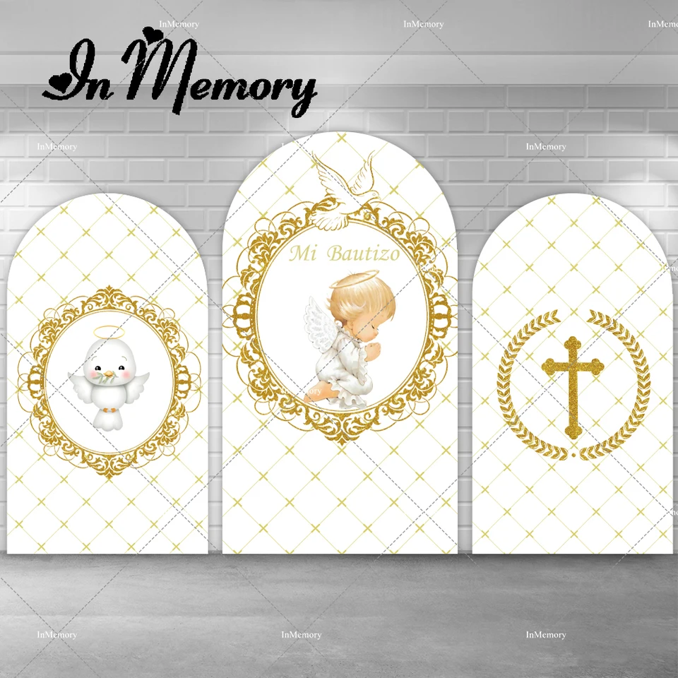 Boh žehnaj krst Chiara Arch Coverdrop Cover Cover Gold Cross Angel Baby sprcha pozadie Photography Photobooth obojstranný