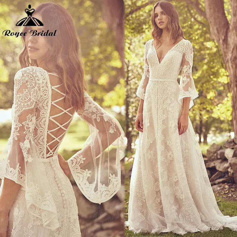 Boheme a line boho svadobné šaty čipky v krku čipka Otvorená späť tri štvrtiny Sleeve Svadobné šaty Prispôsobené robe de mariée