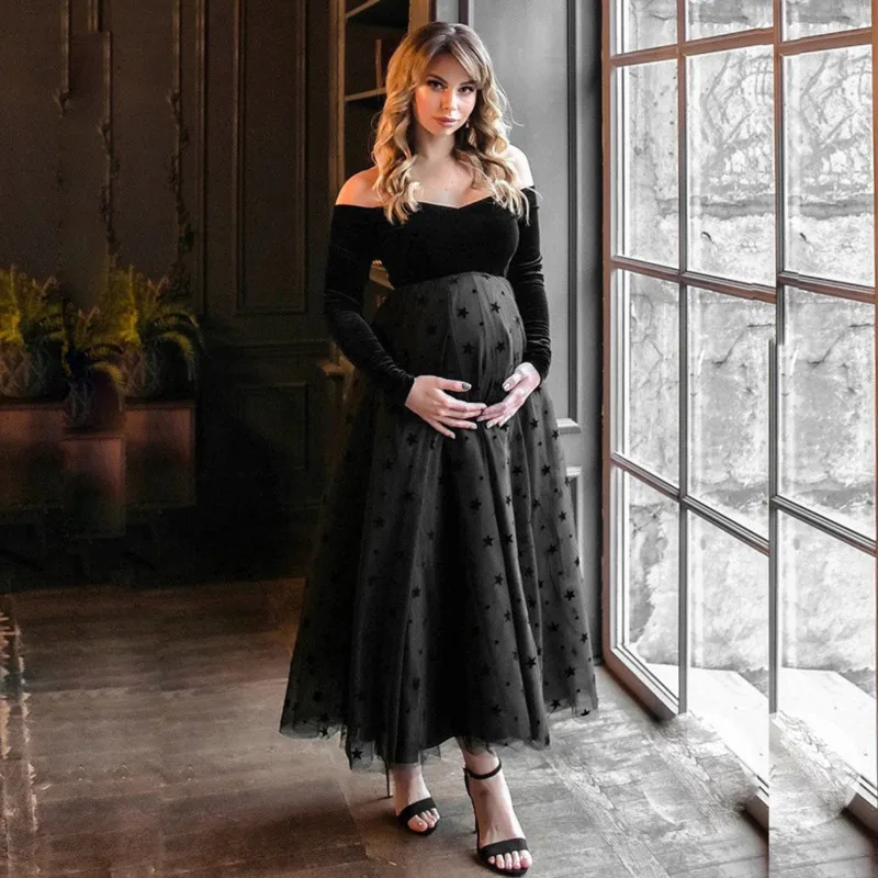 Boho bavlnená fotografia natáčať tehotné tutu čierne materské šaty dot večera kostým pre ženy