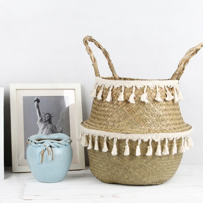 Boho dekor prútené košíky skladovacie ručne tkané ratanové košík skladacie hrniec s rukoväťou rastlinami Cestos Mimbre Panier Rangement Rangement OSIER