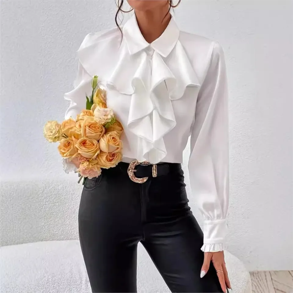 Boho dámske biele blúzky Spring Fall Fashion Módne s dlhým rukávom Rufled Layed Dekoratívna ležérna košeľa pre dámske vrchné odevy