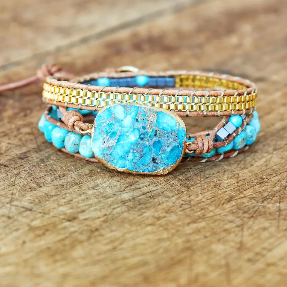 Boho elegantné dámske náramky 3 Strand Prírodné cisárske kamenné kožené pletené kúzlo náramok ručne vyrábané náramky