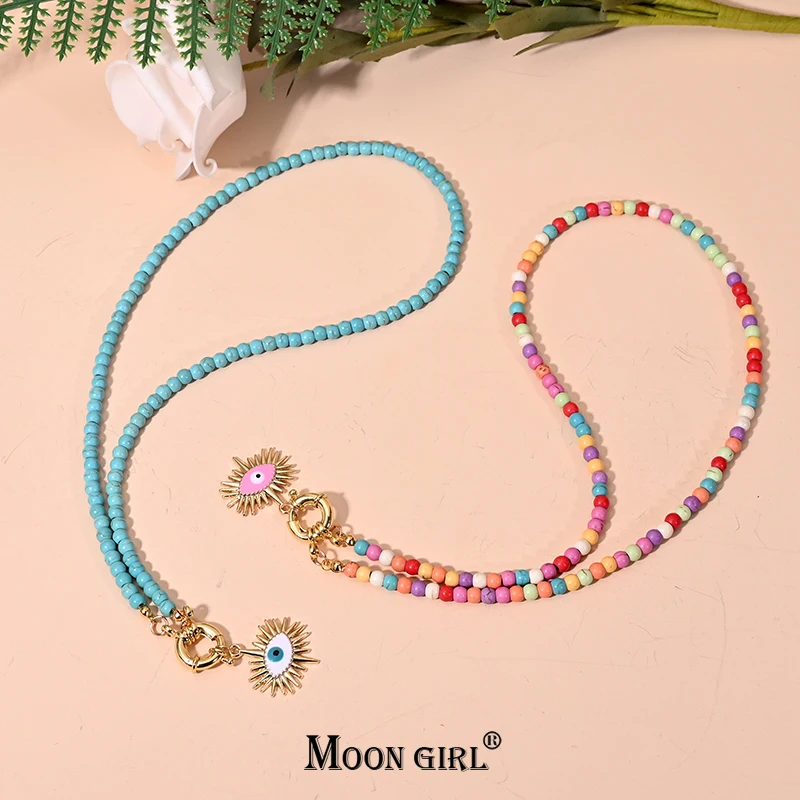 Boho farebný korálkový golier Choker Zlaté oči prívesok Náhrdelník pre ženy Moon Girl Design letné šperky