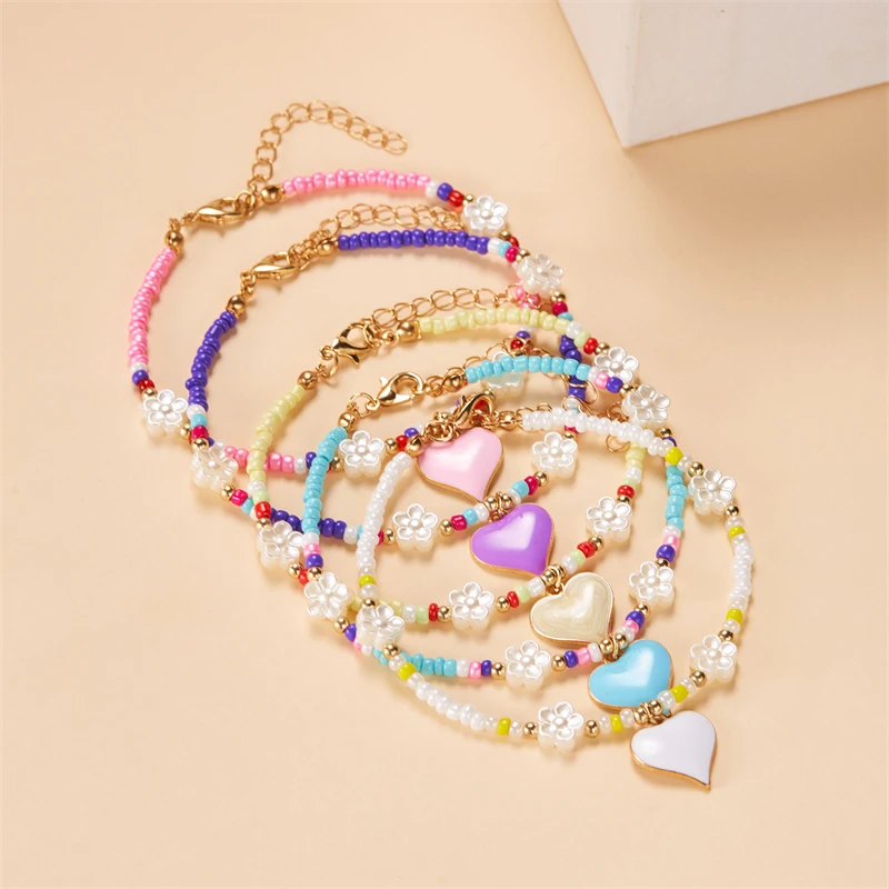 Boho Flower Love Srdce Bránu korálky pre ženy Fashion pláž nastaviteľné ryžové korálky členok reťaz Girls Dievčatá letné šperky na nohy