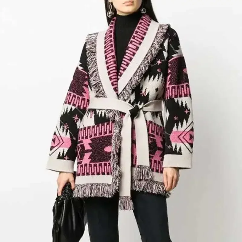 Boho inšpirovaný kozmický vzor stracha okraja sveta kašmíru zimné teplé ženské svetre Ženy Belt Zimné oblečenie Ženy