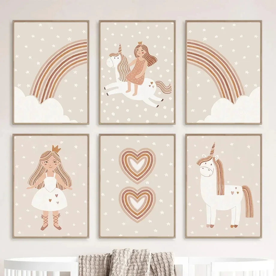 Boho karikatúra dievčatko Horse Rainbow Heart Wall Art Art Nordic Plagáty Obrázky pre detskú izbu Domáca výzdoba škôlky Canvas výtlačky maľba