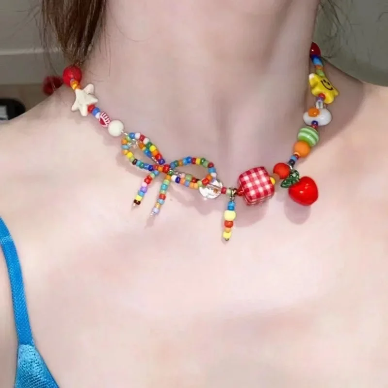 Boho kpop farebný cukor hviezda Tassel Pendant Choker náhrdelník