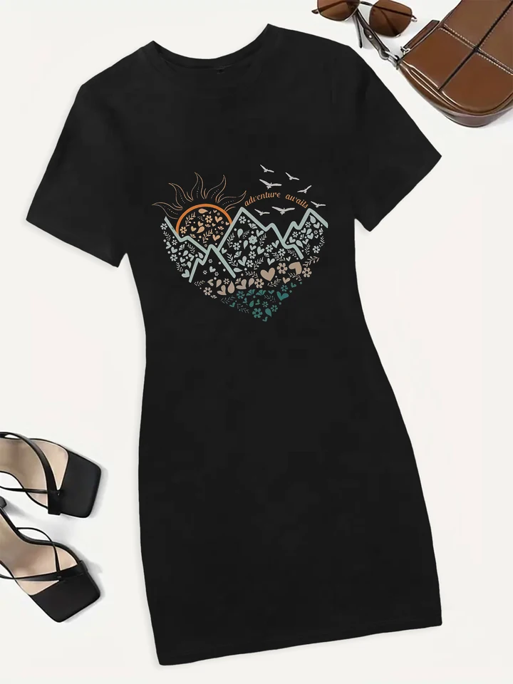Boho kvetinová grafická tlač Slim Short Dress Ženy Jednoducho voľný čas tričko A-Shape Dress 2024 Nové leto