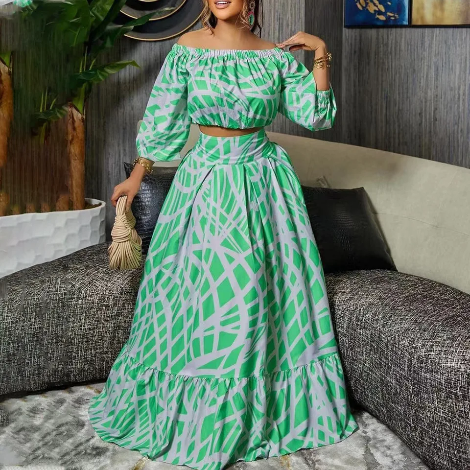 Boho luxusné dvojdielne súpravy Dámske obleky módne tlač Sexy plodina V-krop top + dlhá sukňa 2-kusová sada elegantný neformálny oblek