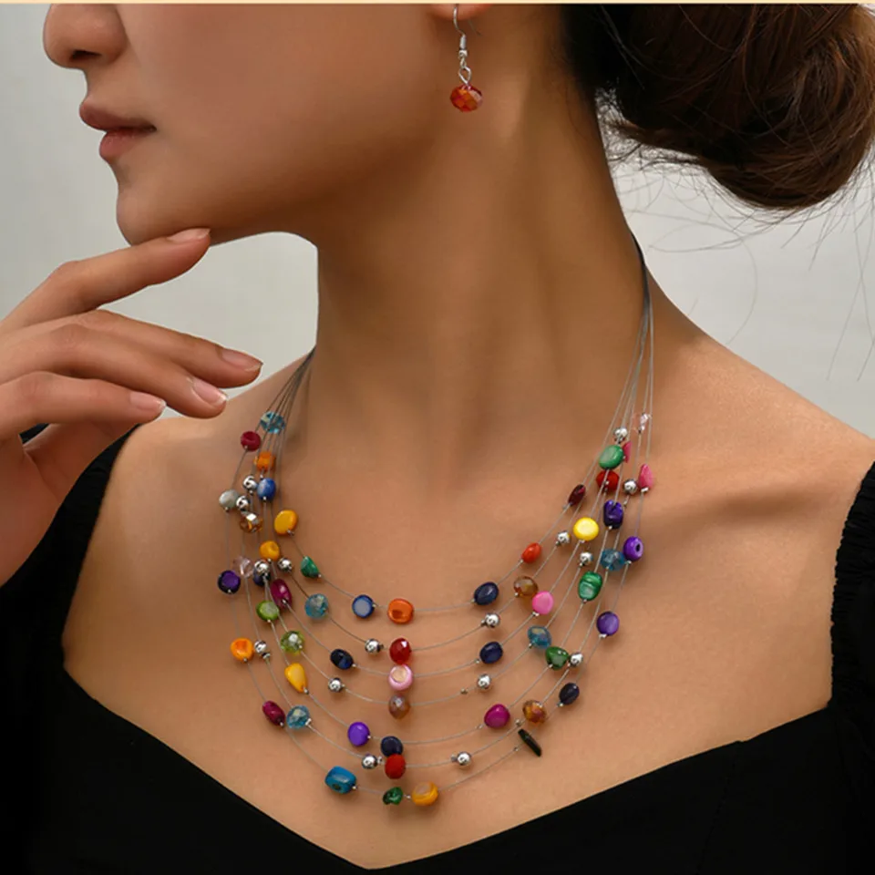 Boho náhrdelníky náušnice pre ženy súpravy škrupinové šperky srstity viacvrstvový kecker náhrdelník dámske dovolenkové šperky set