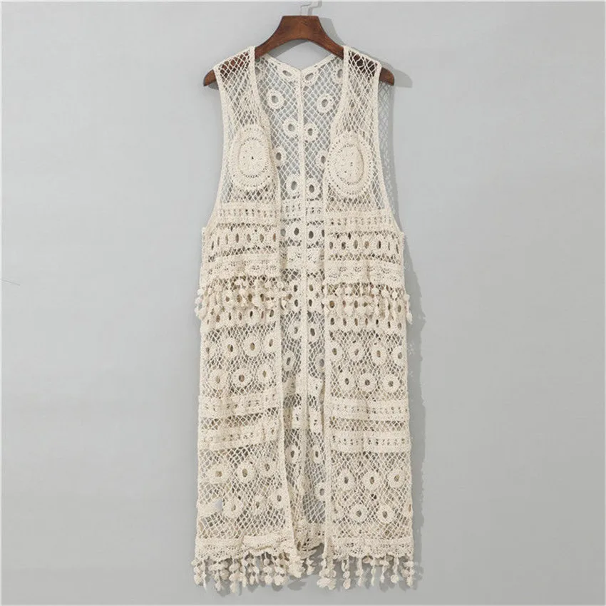 Boho pláž narastáte neformálne dlhé svetové dutiny z háčkovania topánok Ženy bez rukávov čipka blúzka tričko s Tassel Kimono Mardigans