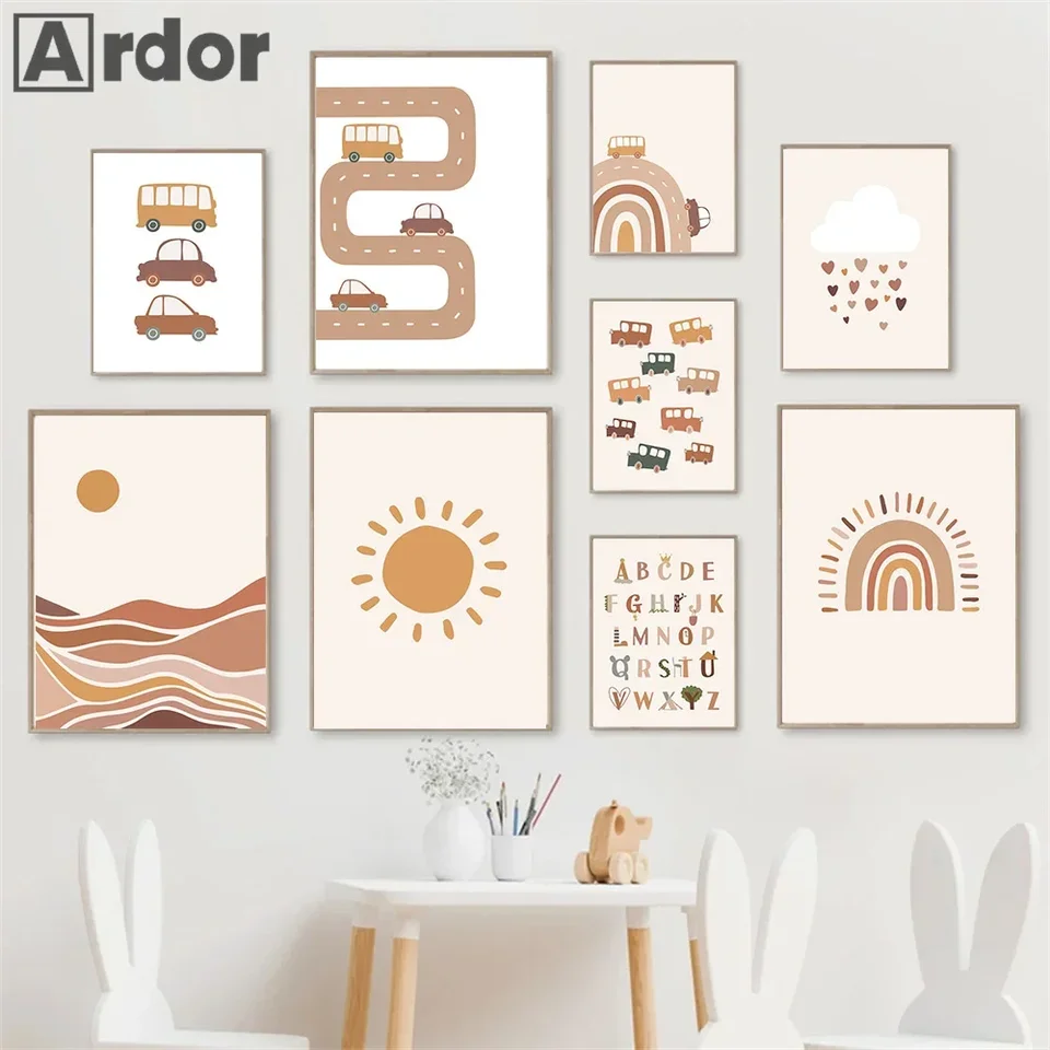Boho Rainbow Sun Car abeceda Vzdelávanie detských izieb Plagáty a výtlačky detské nástenné umelecké obrázky Decor Nordic Nursery Canv maľba