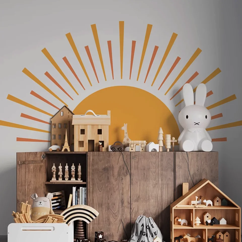 Boho slnečná stena decors žlté vychádzajúce slnečné steny slnečné nálepky nepremokavé vlastné lepidlo pre chlapca detská izba domáca materská materská dekorácia