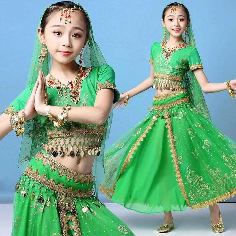 Bollywoodsky kostým pre deti India Dance Dance Clothes Belly Dancing Performance Performance Suffon Suit 4pcs/Set AA1