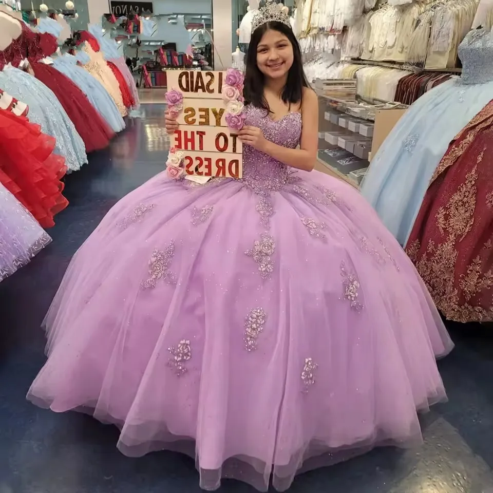 Bomaris lilac trblietavé guľové šaty quinceanera šaty maškarné čipky