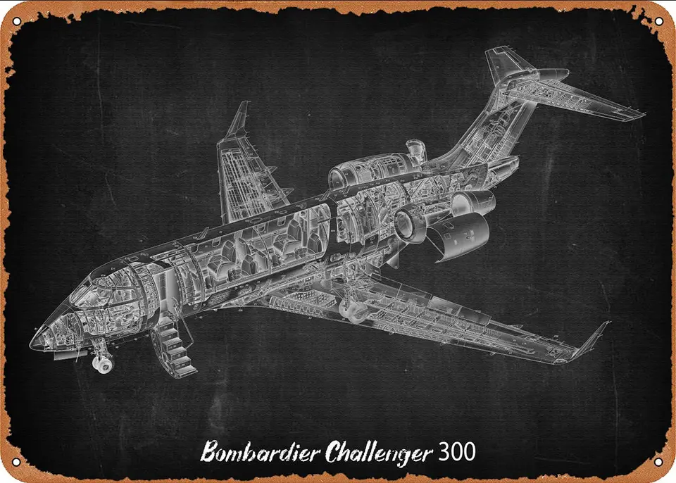Bombardier Challenger 300 Kovové plechové znaky Decor Decor Man Cave Vojenský fanúšik Darček Domáce bar Pub Ozdobné vojenské plagáty 12x8 in