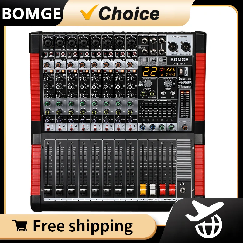 Bomge Professional 8 -kanálový zvukový mixer zvukovej dosky Zvuková doska pre miešanie konzoly USB MP3 Bluetooth vstup 48v Phantom Power 24 FX DSP pre PC