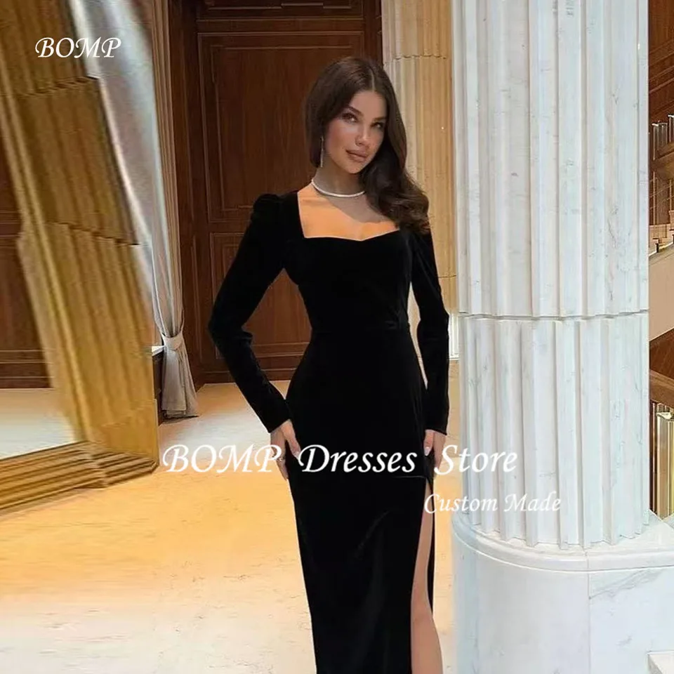 Bomp Simple Black Velvet Evening Party Šaty s dlhými rukávmi štvorcový krk Split Formálne plesové šaty nočné podujatie šaty prispôsobené