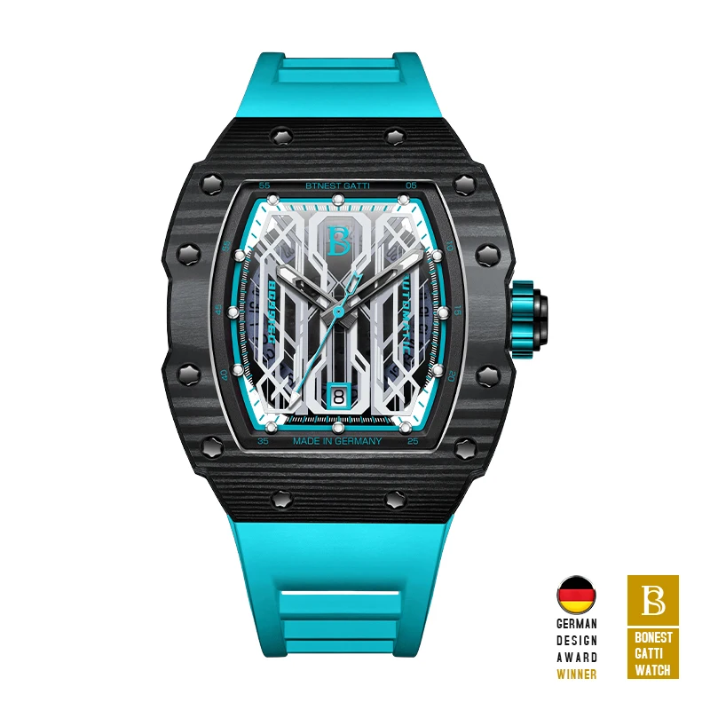 Bonest Gatti Men Automatické hodinky Luxusné tonneau Mechanické náramky z uhlíkových vlákien rámy Titán zliatiny zliatiny Sapphire Luminous