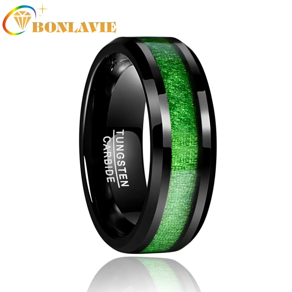 Bonlavie Vintage 8 mm volfrámový karbidový prsteň vykladaný javorový elektroplatovaný čierna so zelenou líniou Wdding Ring Jewelry for Women Men