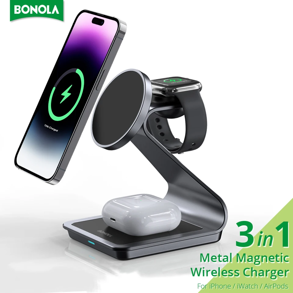 Bonola Metal 3 v 1 Magnetic Nabíjačku pre iPhone 16 15 Pro Max/14/13/Apple Watch 28W Rýchle bezdrôtové nabíjanie pre AirPods Pro