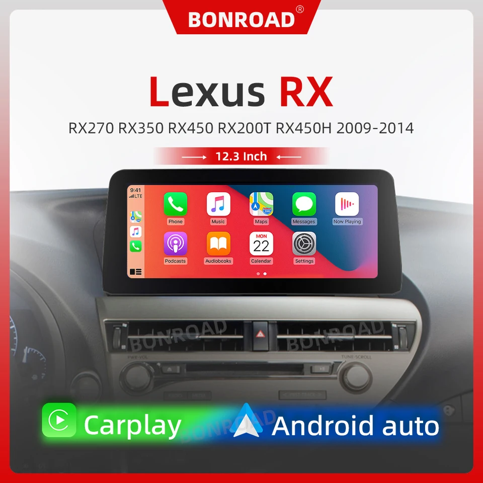 Bonroad 12,3 palcový bezdrôtový CarPlay Android Auto Multimedia navigácia pre Lexus RX RX270 RX350 RX450 RX200T RX450H 2009-2014