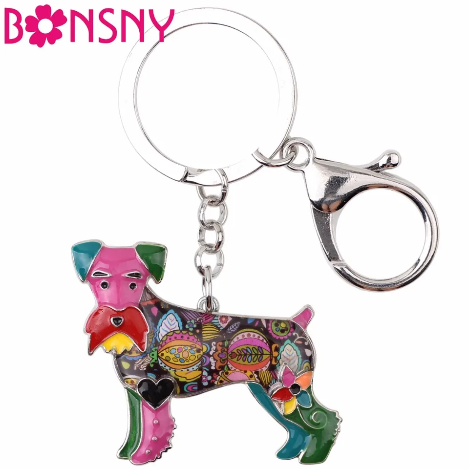Bonsny smalt Schnauzer Dog Terrier Key Chain Key Ring Jewelry pre dámske držiak kúzla Kľúčový držiak prívesok 2017