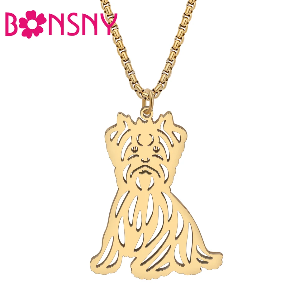 Bonsny z nehrdzavejúcej ocele Fluffy Yorkshire Terrier Dog Puppy Puppy Gold -pokovované strieborné prívesky